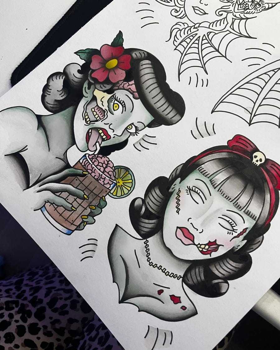 Colour neo-traditional flash sheet drawing of stylised women, drawn by the artist