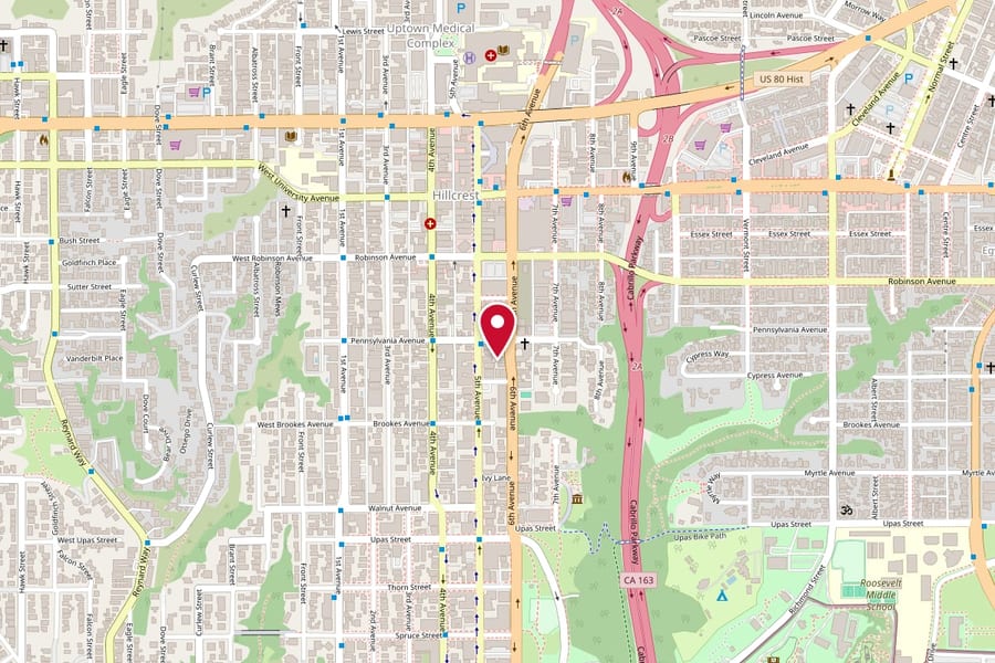 Street map showing the location of Broken Heart Tattoo on 6th Avenue in Hillcrest, San Diego