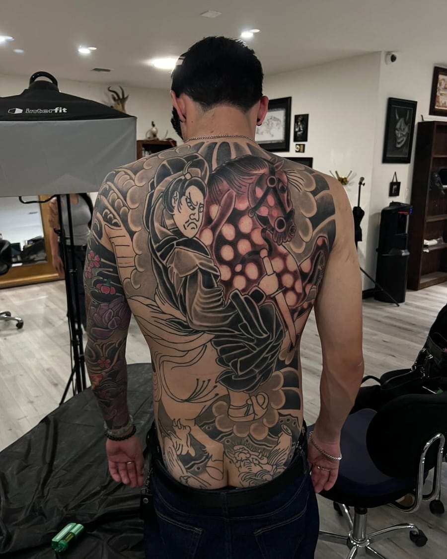 Japanese traditional samurai and horse full back piece tattoo in San Diego